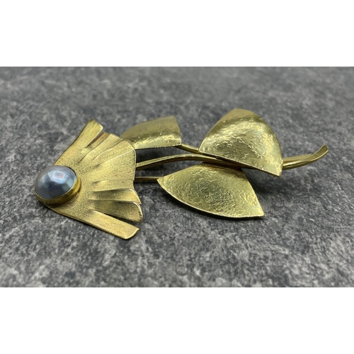 63 - Lucile Moore - 18ct and pearl stylised ginkgo biloba brooch, 9 x 5.5cm, 22g