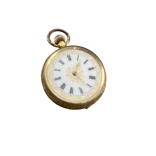 12 - Continental 14k cased fob watch, 35mm case, enamel dial with Roman numerals and gilt decoration, 27g... 