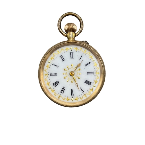 12 - Continental 14k cased fob watch, 35mm case, enamel dial with Roman numerals and gilt decoration, 27g... 