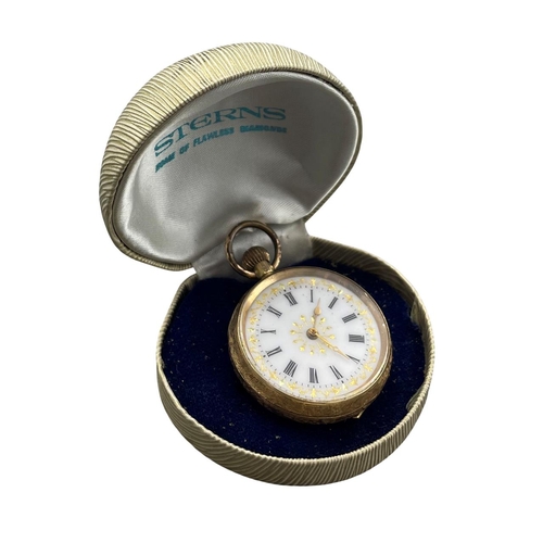 12 - Continental 14k cased fob watch, 35mm case, enamel dial with Roman numerals and gilt decoration, 27g... 