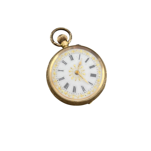 12 - Continental 14k cased fob watch, 35mm case, enamel dial with Roman numerals and gilt decoration, 27g... 