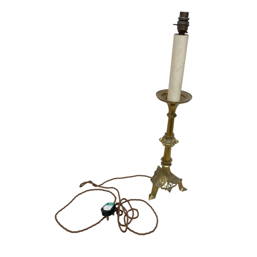 1100 - Brass Gothic style pricket table lamp, the triform base with scroll detail, H 63cm