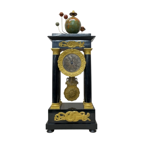 216 - Unusual 19th Century French ebonised and ormolu portico clock, the 8.5cm silvered dial with Roman nu... 