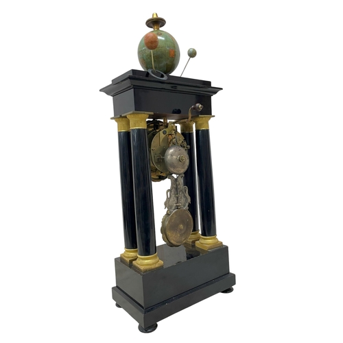 216 - Unusual 19th Century French ebonised and ormolu portico clock, the 8.5cm silvered dial with Roman nu... 