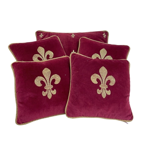 1638 - Collection of crimson velvet cushions having gold rope border with embroidered Fleur De Lis central ... 