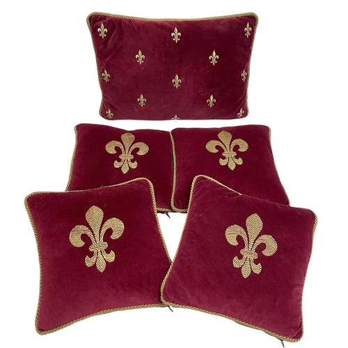 1638 - Collection of crimson velvet cushions having gold rope border with embroidered Fleur De Lis central ... 