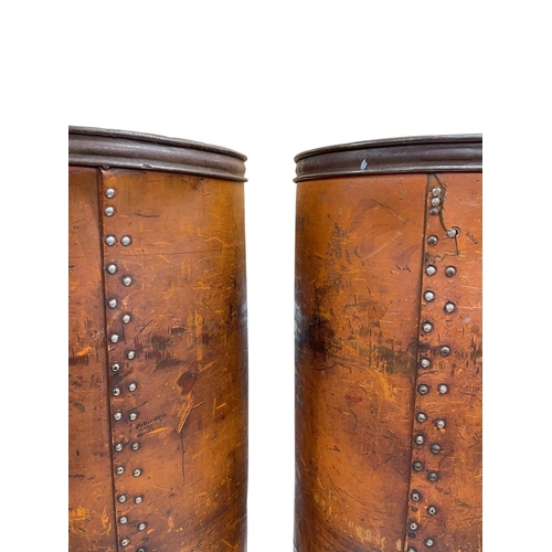 493 - Pair of 19th century treen cylindrical fabric carriers, having banded metal base and rivetted finish... 