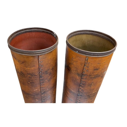 493 - Pair of 19th century treen cylindrical fabric carriers, having banded metal base and rivetted finish... 