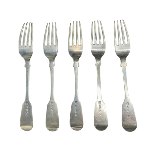 95 - Set of five Victorian provincial silver fiddle table forks, maker Josiah Williams & Co, Exeter 1867,... 