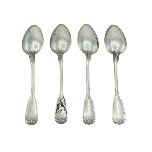 96 - Set of four German 800 silver fiddle thread table spoons, maker G Schmeidler, 9oz approx