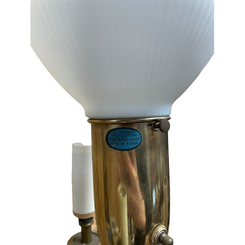 1099 - Underwriters Laboratories brass standard lamp with central milk glass reeded shade surrounded by a t... 