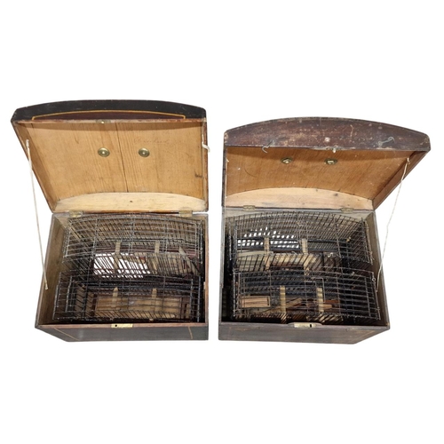 620 - Pair of 19th century wooden bird carrying cages with painted gilt decoration and handles, H 39cm x W... 