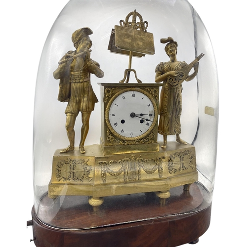 205 - Impressive French ormolu figural musical mantle clock, the twin train train enamel dial flanked by a... 