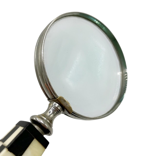 170 - Art Deco bone and horn chequered handle magnifying glass, L 24cm