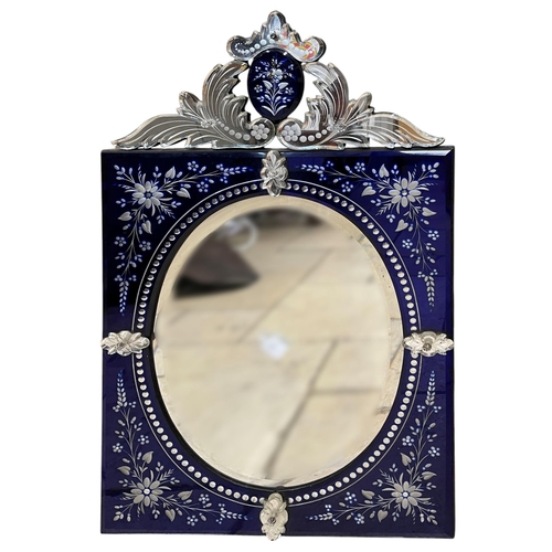 1135 - Exceptional Venetian glass table top mirror, having central bevelled oval mirror with blue glass flo... 