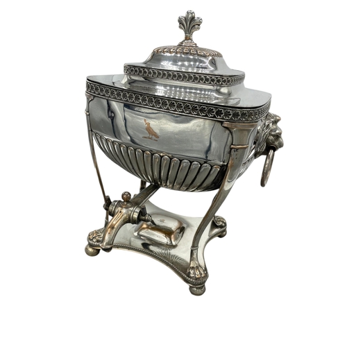 150 - Exceptional silver plated Samovar lidded tea urn, raised atop four ball feet with lion claw and twin... 