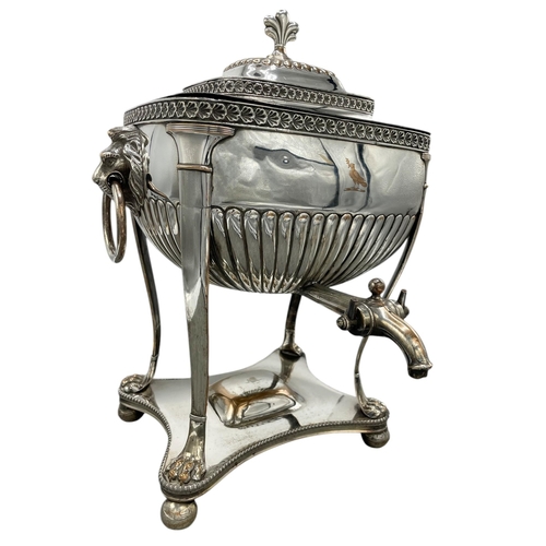 150 - Exceptional silver plated Samovar lidded tea urn, raised atop four ball feet with lion claw and twin... 