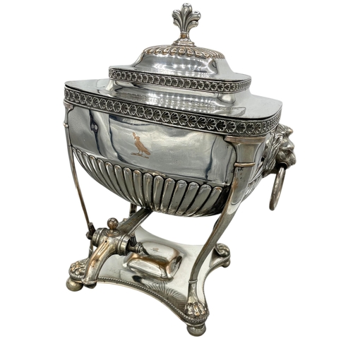 150 - Exceptional silver plated Samovar lidded tea urn, raised atop four ball feet with lion claw and twin... 