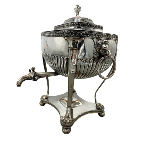 150 - Exceptional silver plated Samovar lidded tea urn, raised atop four ball feet with lion claw and twin... 