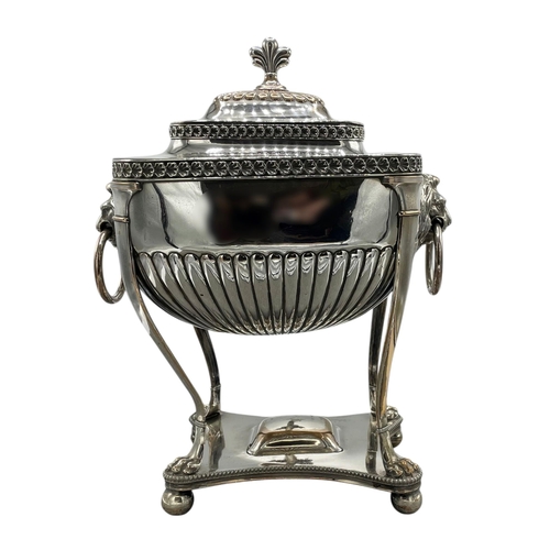 150 - Exceptional silver plated Samovar lidded tea urn, raised atop four ball feet with lion claw and twin... 