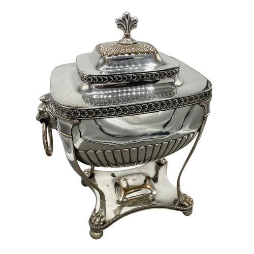 150 - Exceptional silver plated Samovar lidded tea urn, raised atop four ball feet with lion claw and twin... 