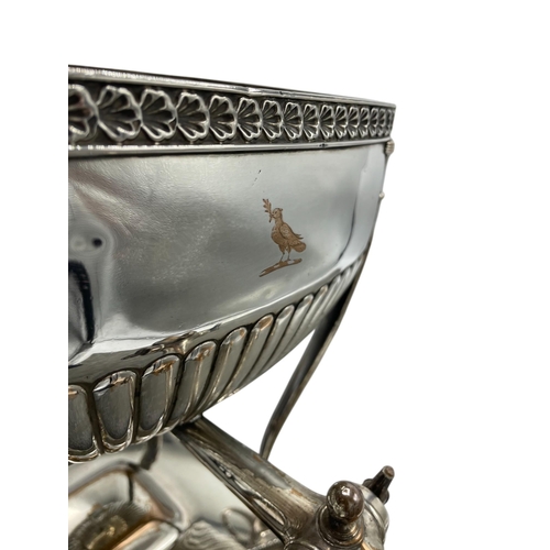 150 - Exceptional silver plated Samovar lidded tea urn, raised atop four ball feet with lion claw and twin... 