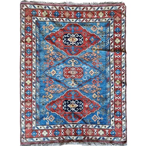 1690 - Exceptional quality antique Persian three medallion rug, on electric blue ground, 195cm x 150cm