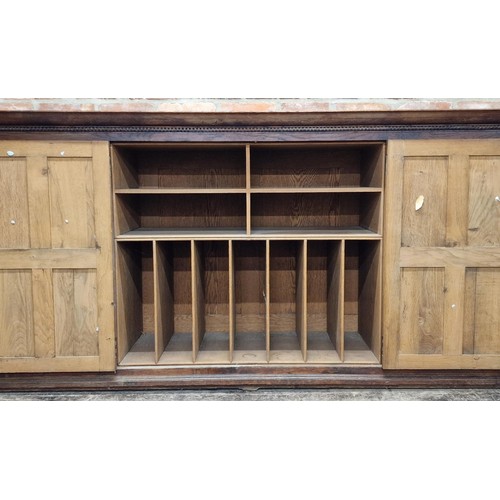 1369 - Good quality antique oak sideboard with carved linen fold panels and fitted interior comprising of s... 