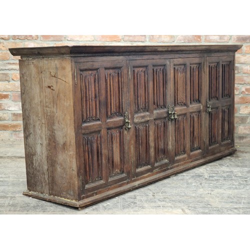 1369 - Good quality antique oak sideboard with carved linen fold panels and fitted interior comprising of s... 