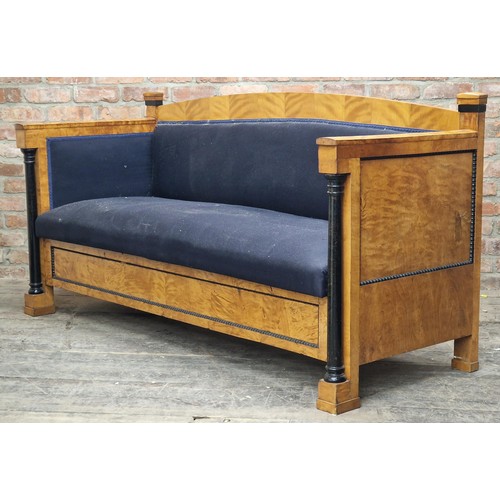 1415 - Good quality 19th century satin birch Biedermeier sofa with ebonised column pilasters and upholstere... 