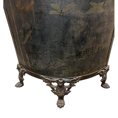 297 - Unusual toleware bowed vanity screen, with Chinoiserie overlay, in three cast iron paw feet, 168 x 7... 