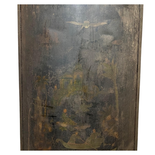 297 - Unusual toleware bowed vanity screen, with Chinoiserie overlay, in three cast iron paw feet, 168 x 7... 