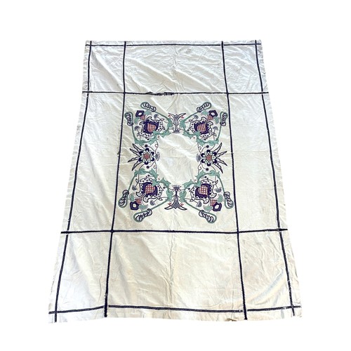 1631 - Good quality Arts & Crafts bedspread with central Art Nouveau style embroidered floral design and se... 