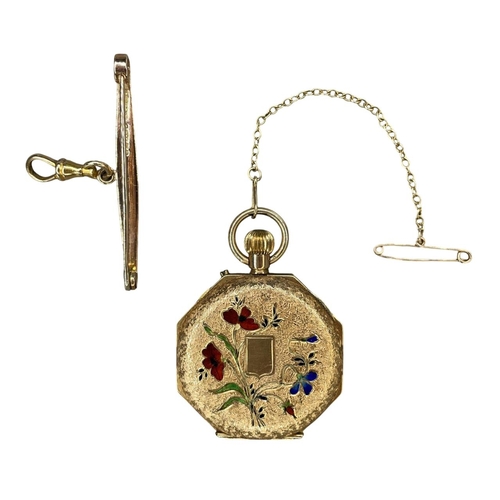 3 - 14k and enamel fob watch, the case decorated with flowers, 32mm case, 27.3g gross, on a 9ct bar broo... 