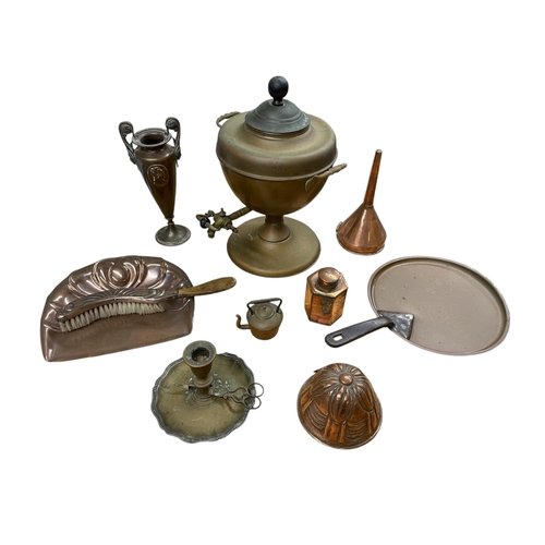 525 - Collection of antique Copperware to include Samovar, twin handled vase, tea caddy, funnel, mould, ch... 