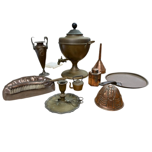 525 - Collection of antique Copperware to include Samovar, twin handled vase, tea caddy, funnel, mould, ch... 