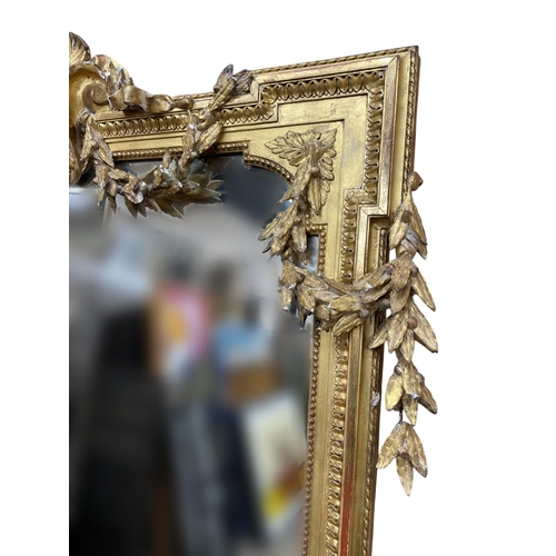 1158 - Impressive large gilt and gesso antique wall mirror, with scroll finial, garlands and ribbons, gadro... 