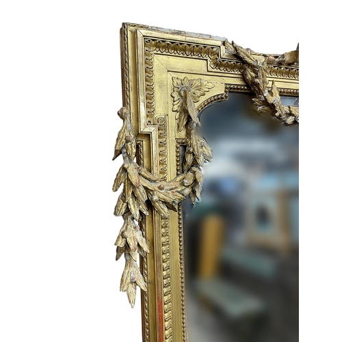 1158 - Impressive large gilt and gesso antique wall mirror, with scroll finial, garlands and ribbons, gadro... 