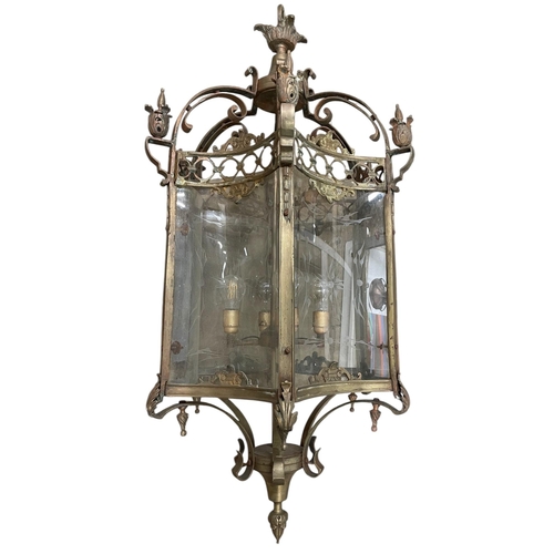 1062 - Exceptional quality brass framed glass hall lantern, six etched glass concave panels on a scrolled f... 