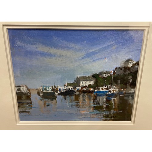 1448 - John Boyce (1938-) abstract Devon harbour scene, signed and inscription to verso, oil on board, 32cm... 