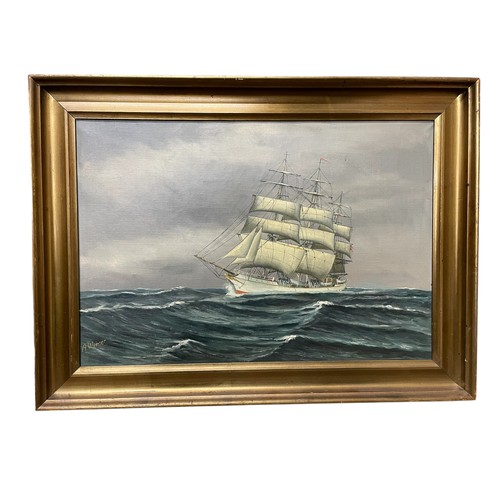 1447 - Three 20th century English schools - maritime ships set in a coastal scene, signed, oil on canvas, l... 