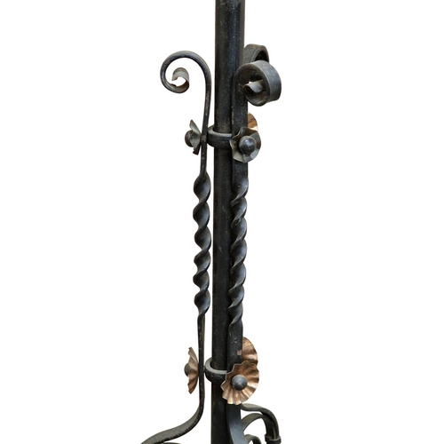 1106 - Antique wrought iron scroll work standard lamp, H 180cm