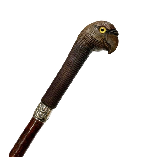 652 - Briarwood shaft walking cane with hardwood handle carved as a parrot head, having inset glass eyes a... 