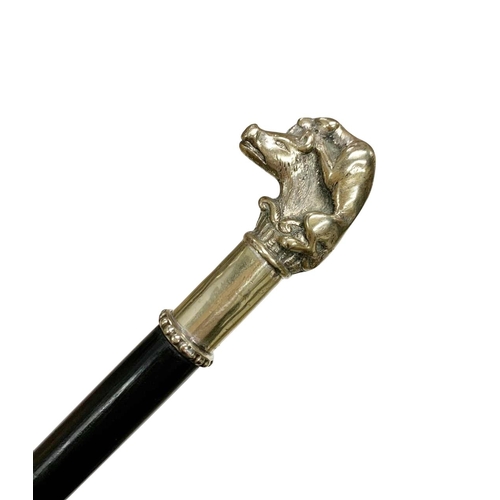 660 - Stained hardwood walking cane having white metal handle cast as a big cat attacking a wild boar, L 9... 