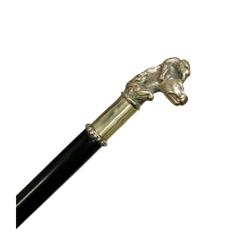 660 - Stained hardwood walking cane having white metal handle cast as a big cat attacking a wild boar, L 9... 