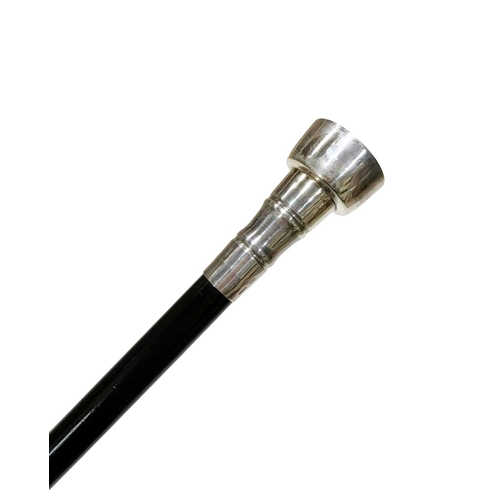 662 - Ebonised hardwood shaft walking cane with silver stepped cap handle having inset enamel of two horse... 