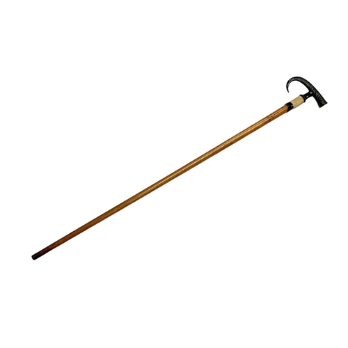 664 - Hardwood shaft Swiss hiking cane with dual-function chamois' horn handle, the cap at the end of the ... 