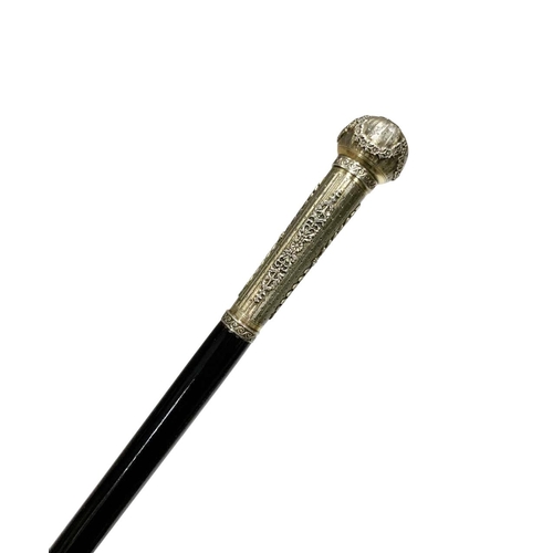 665 - Polished hardwood shaft walking cane with silver gilt ball & stem handle, having engine-turned desig... 