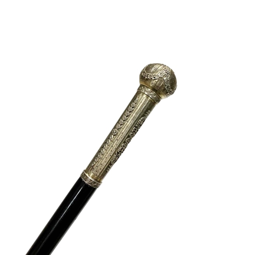 665 - Polished hardwood shaft walking cane with silver gilt ball & stem handle, having engine-turned desig... 