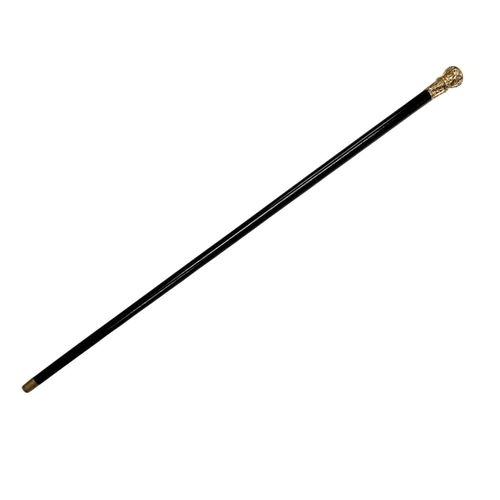 673 - Ebonised hardwood walking cane with gilt embossed and chased metal handle, L 89cm